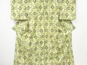 アンティーク　格子に花模様織り出し手織り紬着物